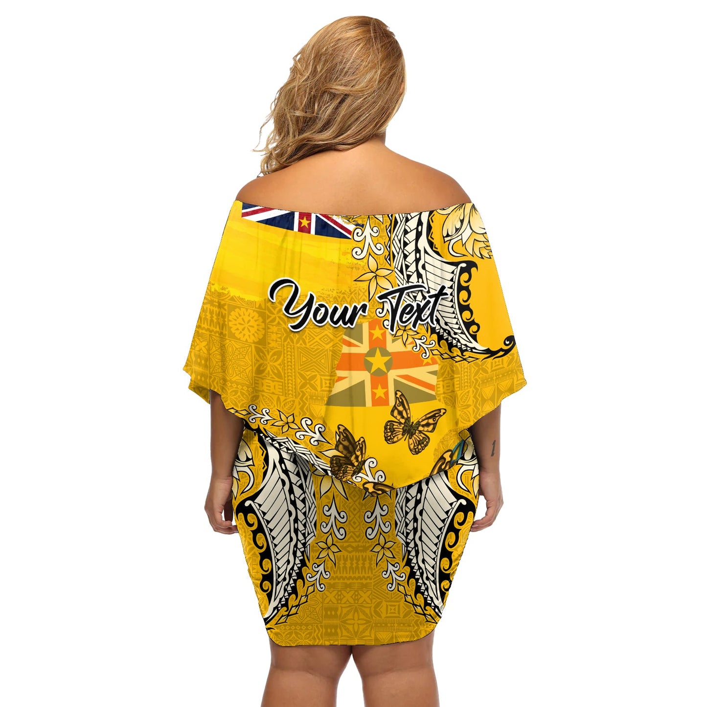 Niue Waitangi Schulterfreies, kurzes Kleid blumen mit tropischem Blumen-Tapa-Muster LT03