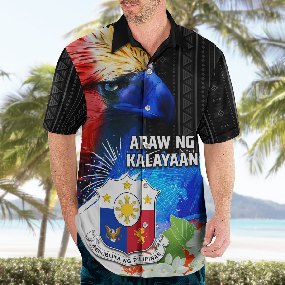 Philippinen Unabhängigkeitstag Hawaiihemd Philippinen Adler und Sampaguita Jasmin Yakan Tribal LT03