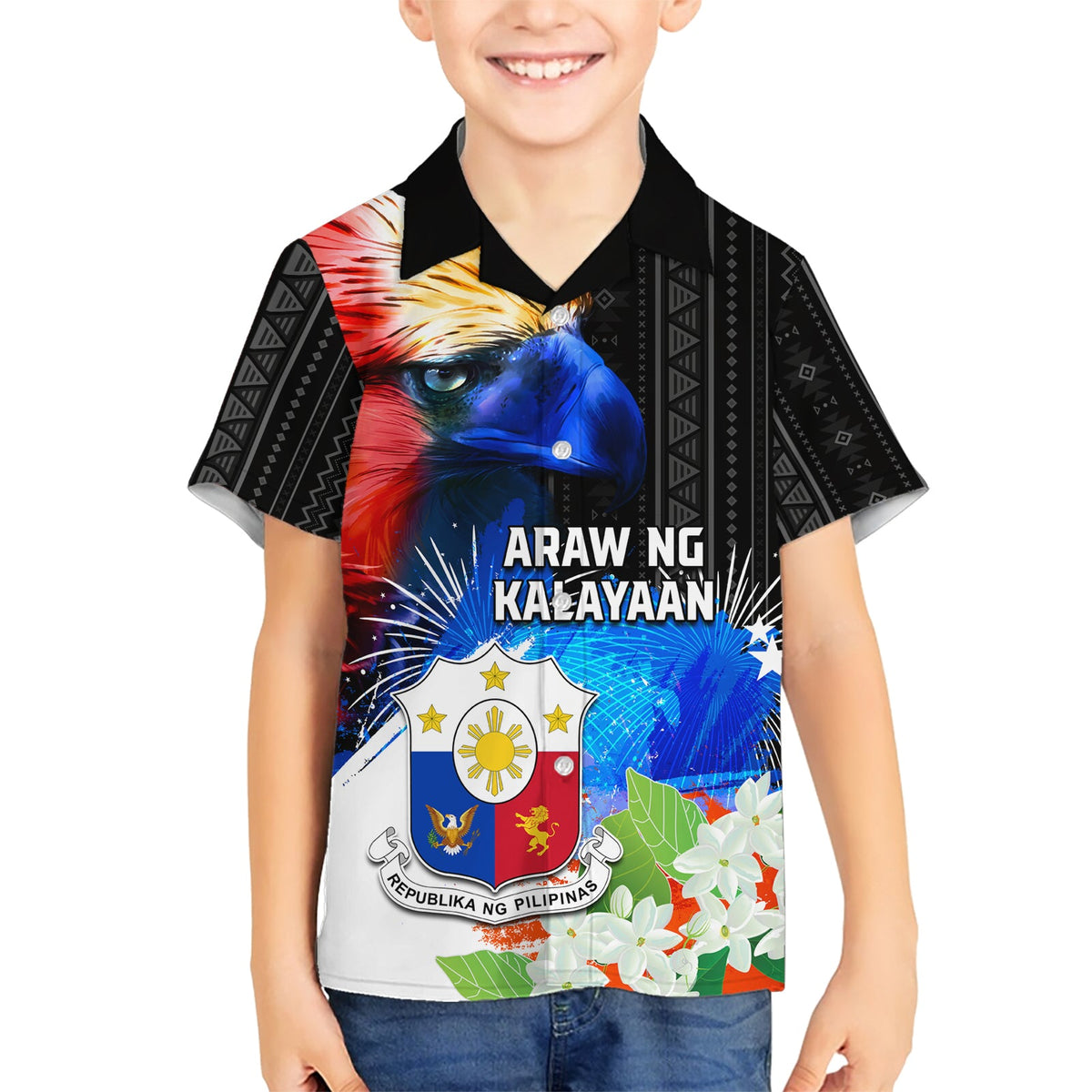 Philippinen Unabhängigkeitstag Hawaiihemd Philippinen Adler und Sampaguita Jasmin Yakan Tribal LT03