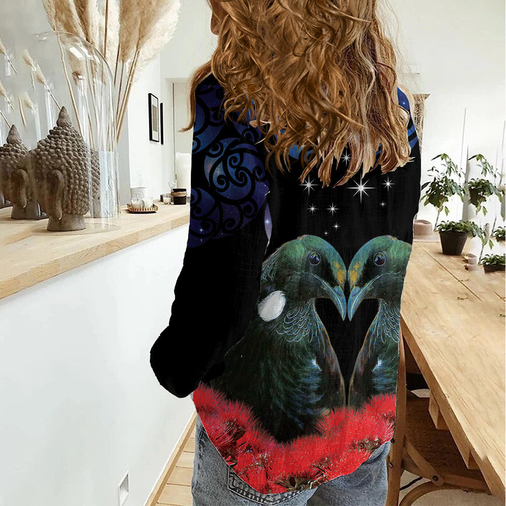 Neuseeland Maori Matariki Frauen Casual Shirt Hongi Tui Vogel Pohutukawa und Polynesien Tribal LT03