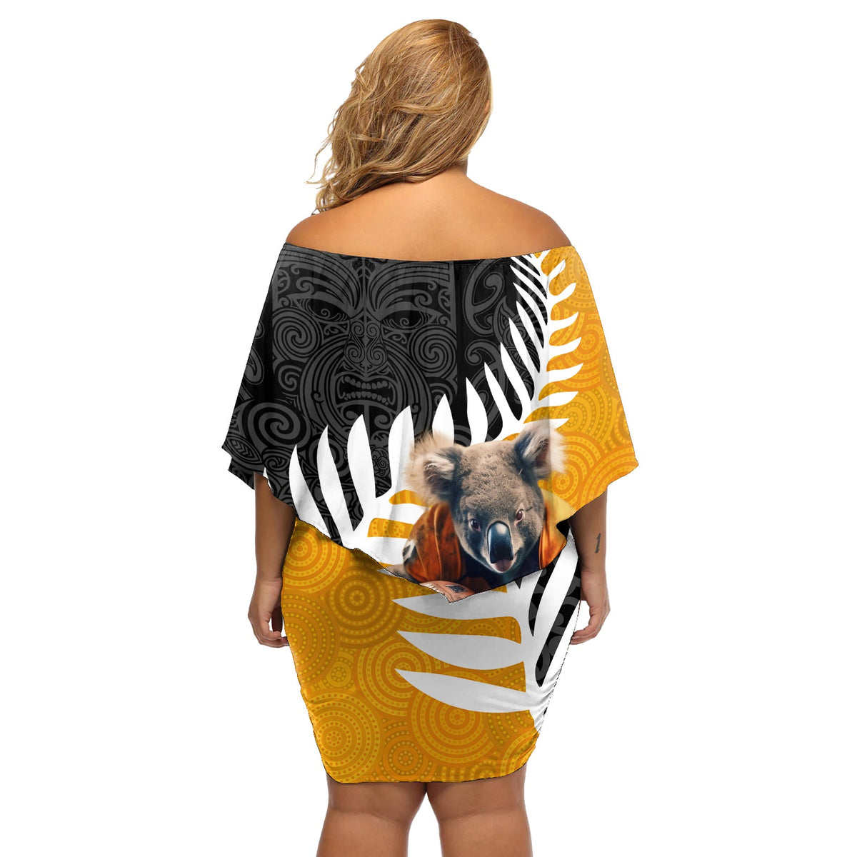 Neuseeland und Australien Rugby Off Shoulder Kurzes Kleid mit blumen Koala und Maori Krieger zusammen LT03