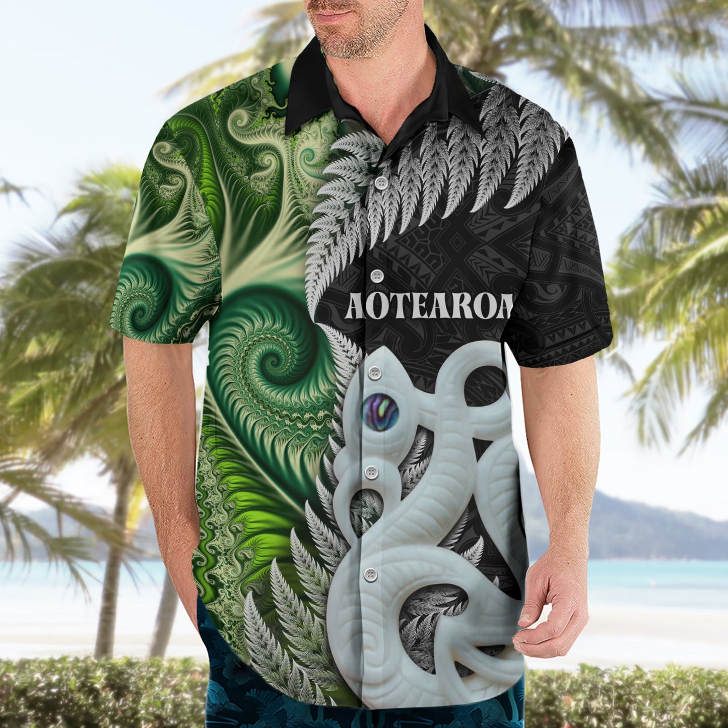 Neuseeland Koru Natur Hawaiihemd Manaia und Silberfarn Maori Muster LT03