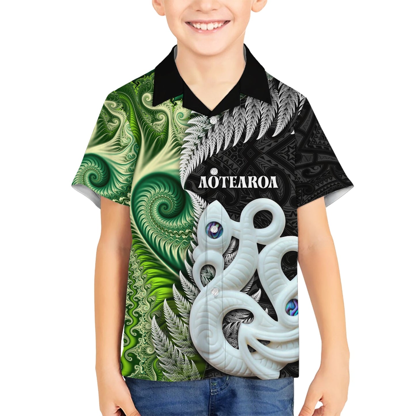 Neuseeland Koru Natur Hawaiihemd Manaia und Silberfarn Maori Muster LT03