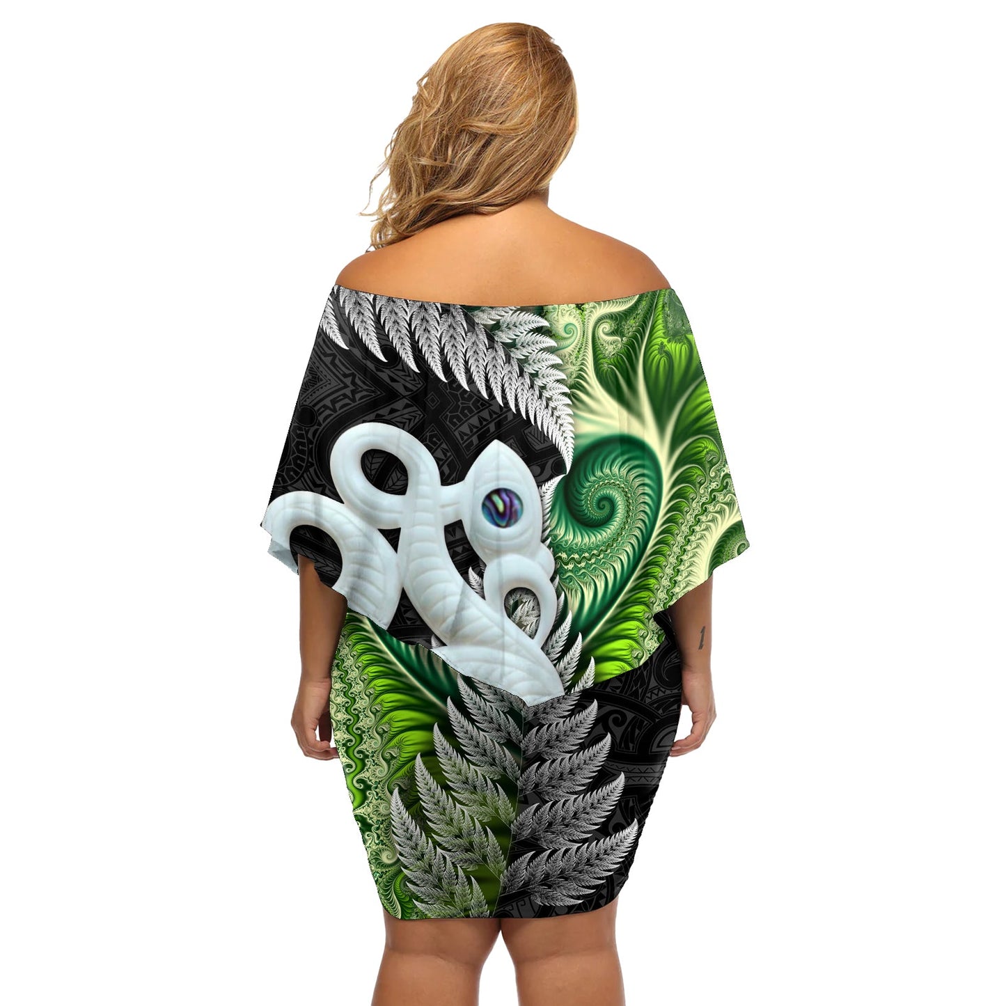 Neuseeland Koru Natürliches schulterfreies kurzes Kleid mit blumen Manaia und Silberfarn Maori Muster LT03