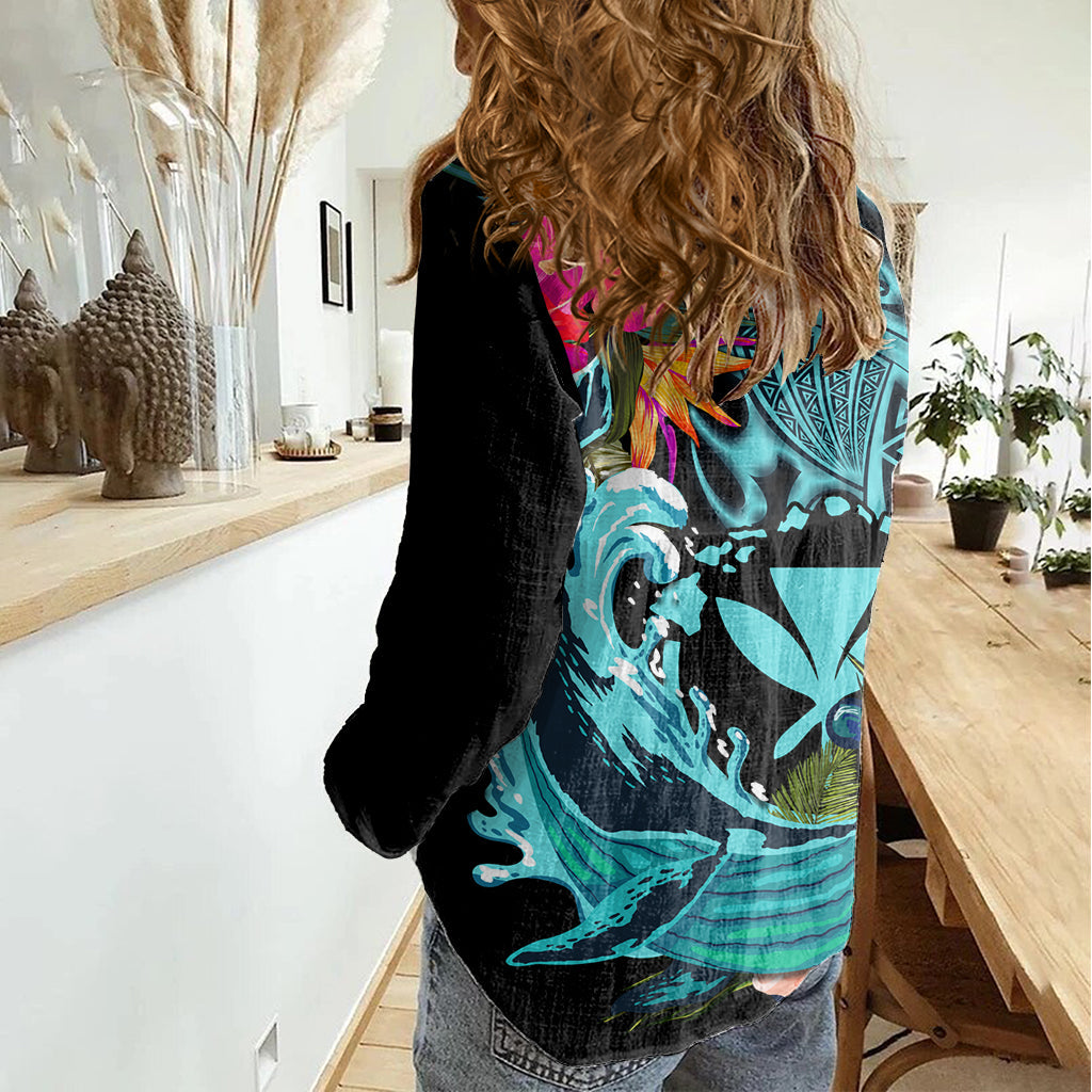 Hawaii Damen Freizeithemd Whale Mix Hibiscus und Kanaka Maoli LT03