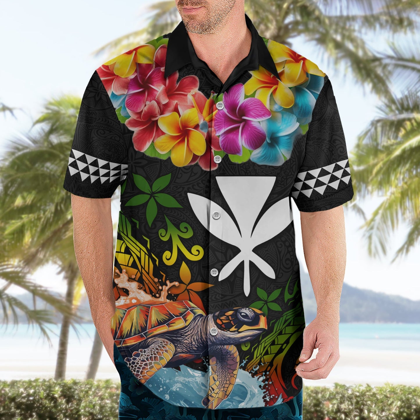 Hawaii Lei Day Hawaiihemd Hibiskuskranz und polynesisches Muster LT03