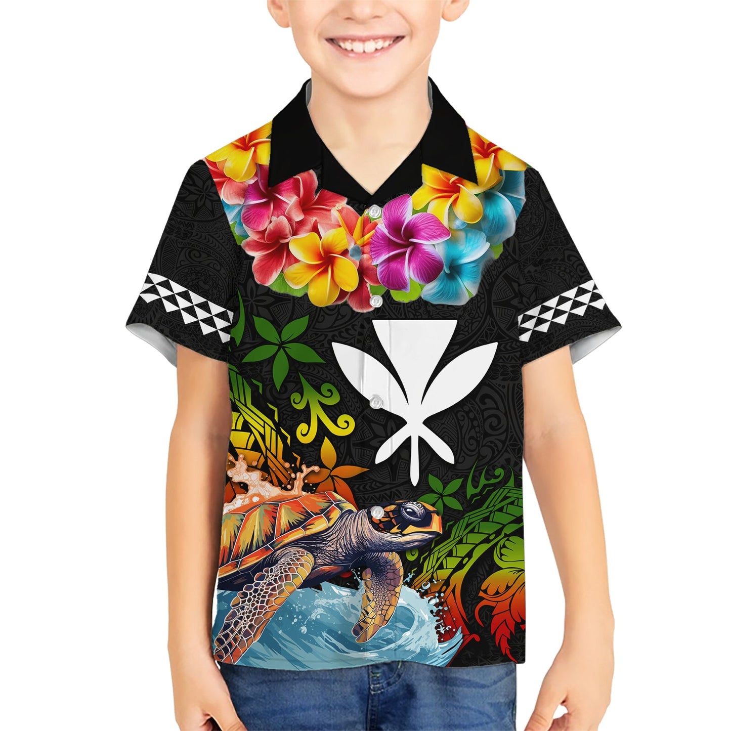 Hawaii Lei Day Hawaiihemd Hibiskuskranz und polynesisches Muster LT03