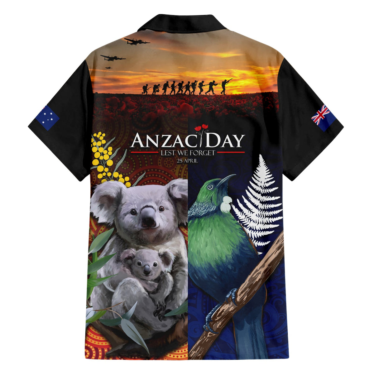 Australien und Neuseeland ANZAC Day Hawaiihemd Tui Vogel und Koala Mix Maori und Aborigine Muster LT03
