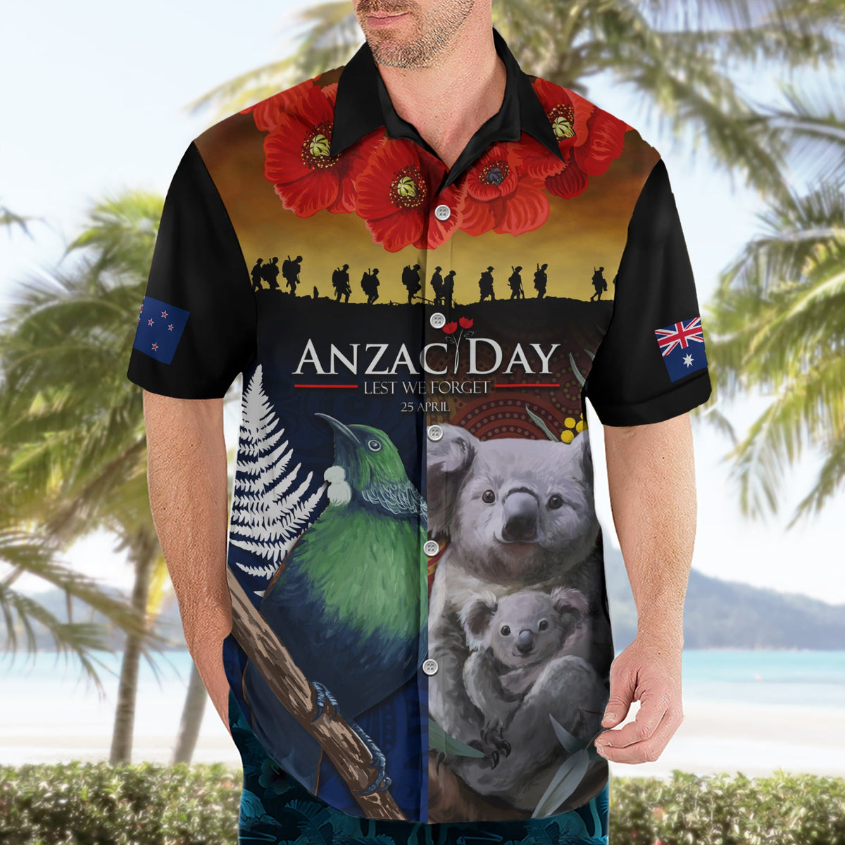 Australien und Neuseeland ANZAC Day Hawaiihemd Tui Vogel und Koala Mix Maori und Aborigine Muster LT03