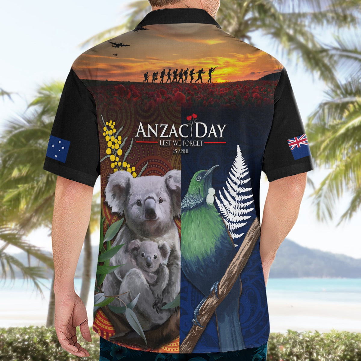 Australien und Neuseeland ANZAC Day Hawaiihemd Tui Vogel und Koala Mix Maori und Aborigine Muster LT03