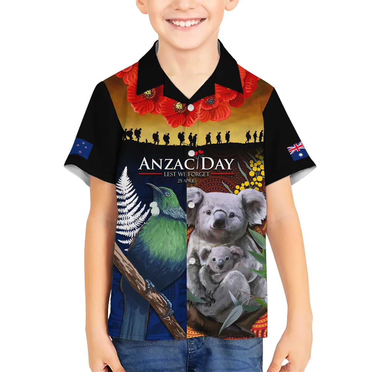 Australien und Neuseeland ANZAC Day Hawaiihemd Tui Vogel und Koala Mix Maori und Aborigine Muster LT03