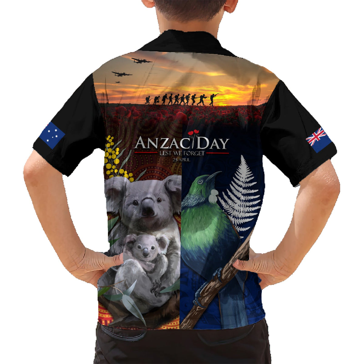 Australien und Neuseeland ANZAC Day Hawaiihemd Tui Vogel und Koala Mix Maori und Aborigine Muster LT03