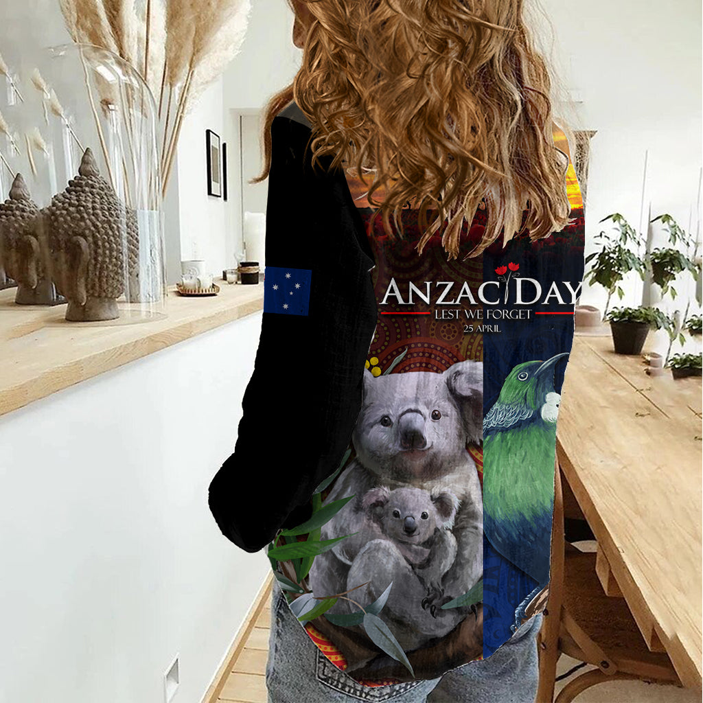 Australien und Neuseeland ANZAC Day Damen Freizeithemd Tui Vogel und Koala Mix Maori und Aborigine Muster LT03