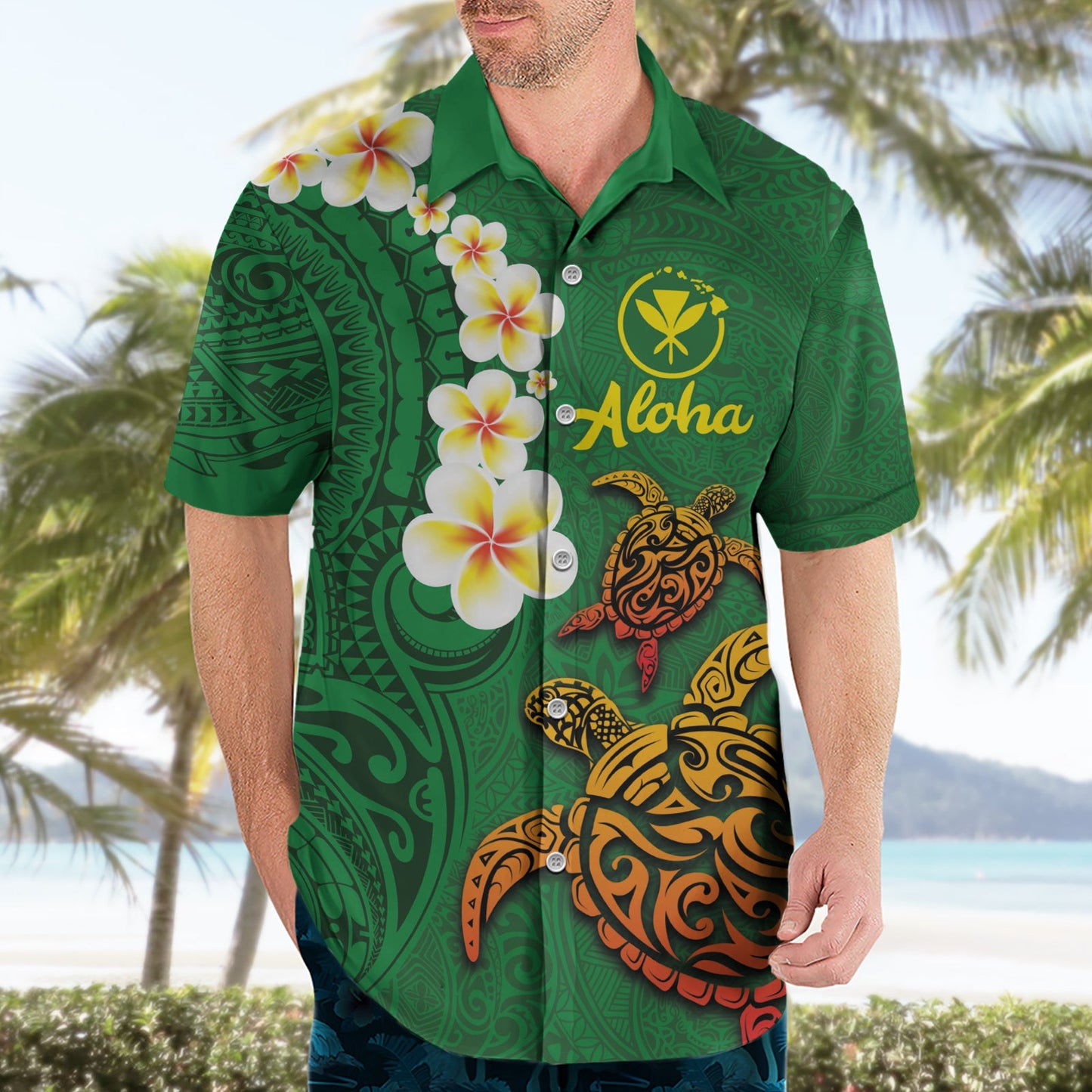 Hawaii Schildkröte Plumeria Blume Hawaiihemd Polynesian Muster Grün Farbe LT03