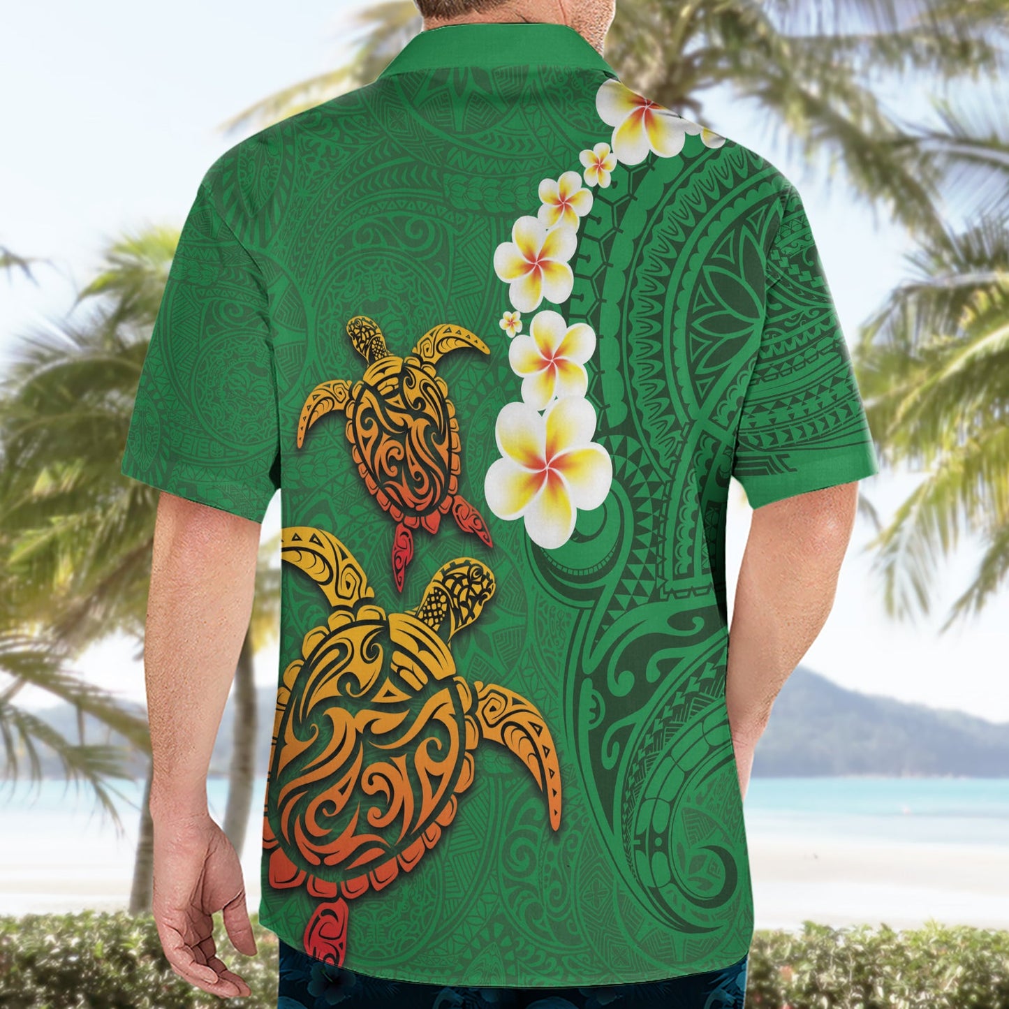 Hawaii Schildkröte Plumeria Blume Hawaiihemd Polynesian Muster Grün Farbe LT03