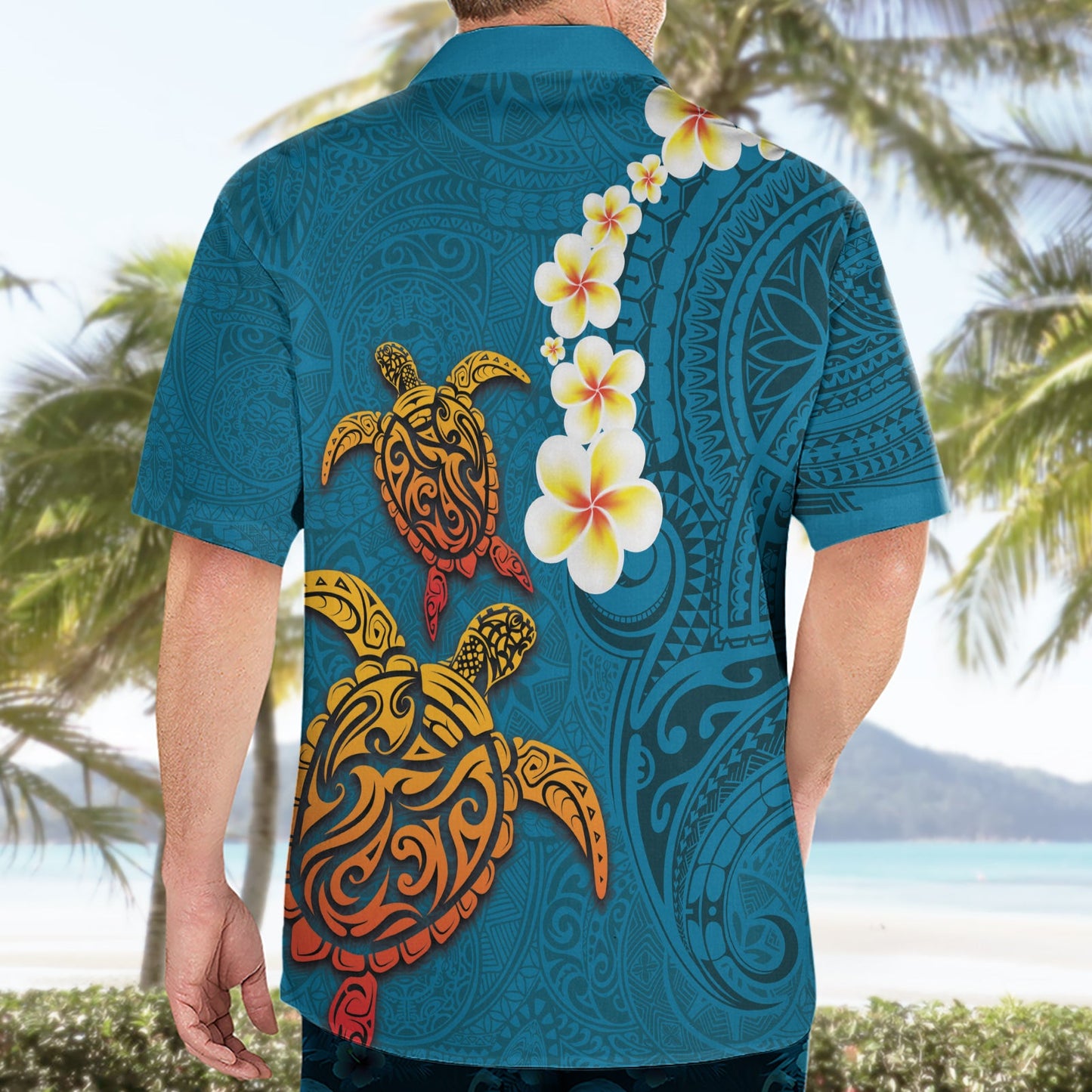Hawaii Schildkröte Plumeria Blume Hawaiihemd Polynesian Muster Blau Farbe LT03