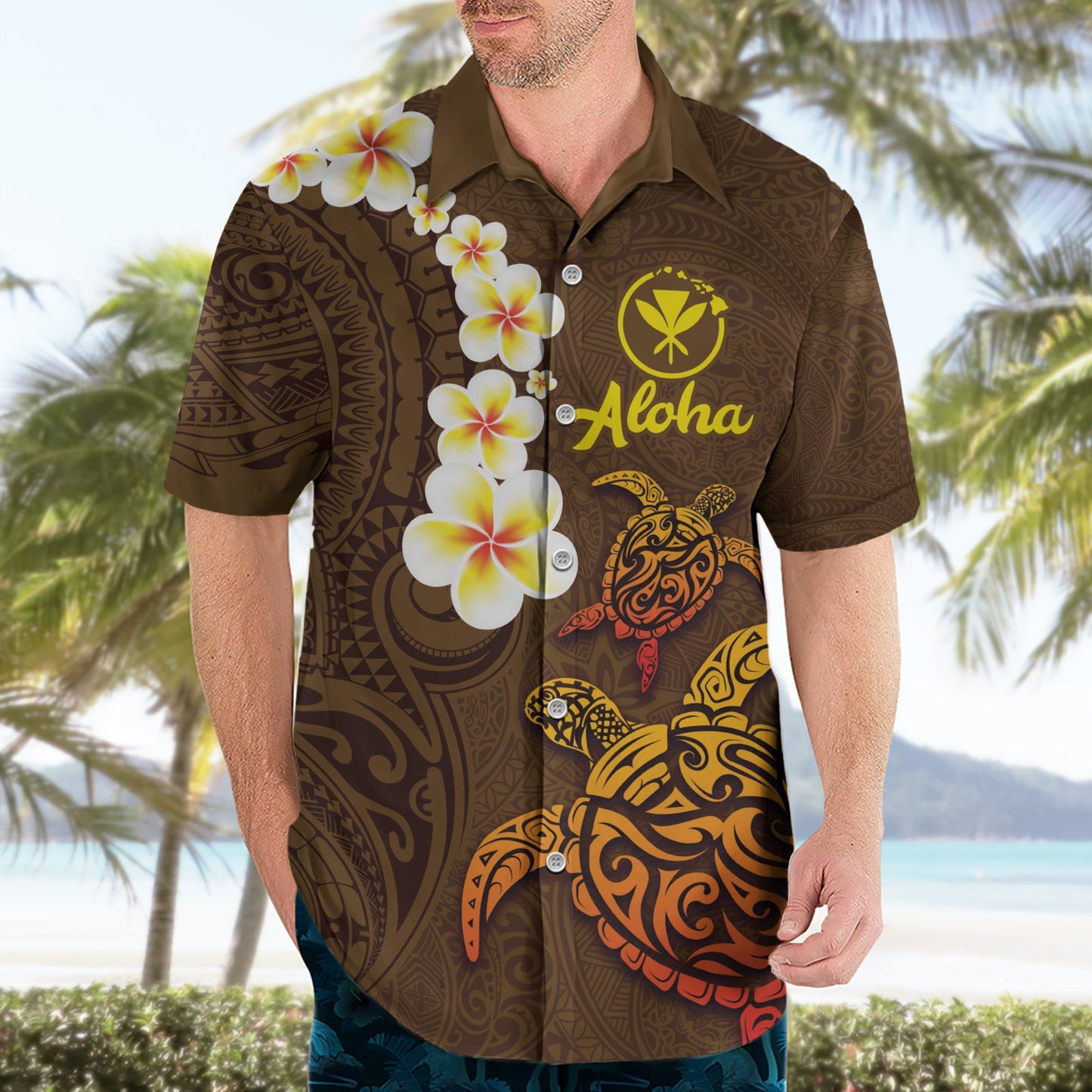 Hawaii Schildkröte Plumeria Blume Hawaiihemd Polynesian Muster Braun Farbe LT03