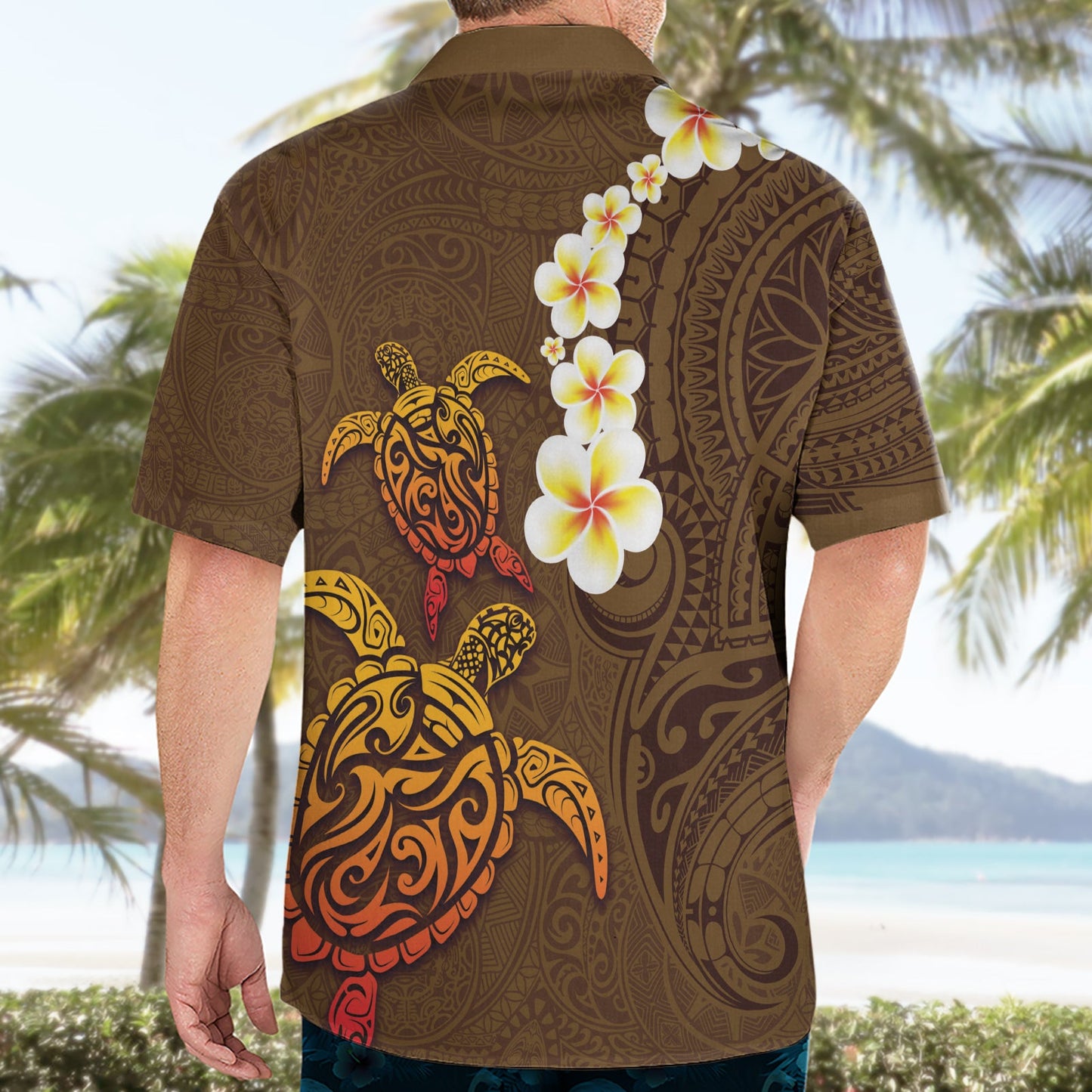 Hawaii Schildkröte Plumeria Blume Hawaiihemd Polynesian Muster Braun Farbe LT03