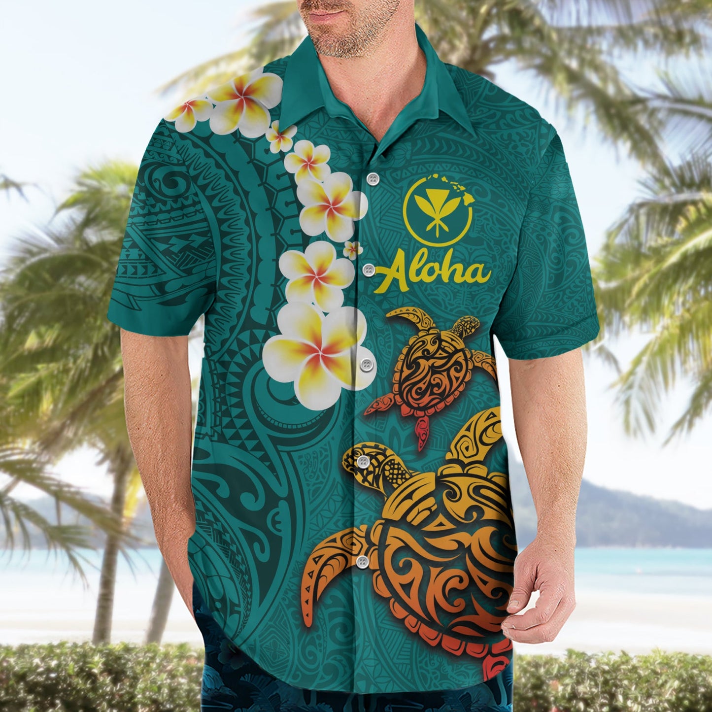 Hawaii Schildkröte Plumeria Blume Hawaiihemd Polynesisches Muster Türkis Farbe LT03