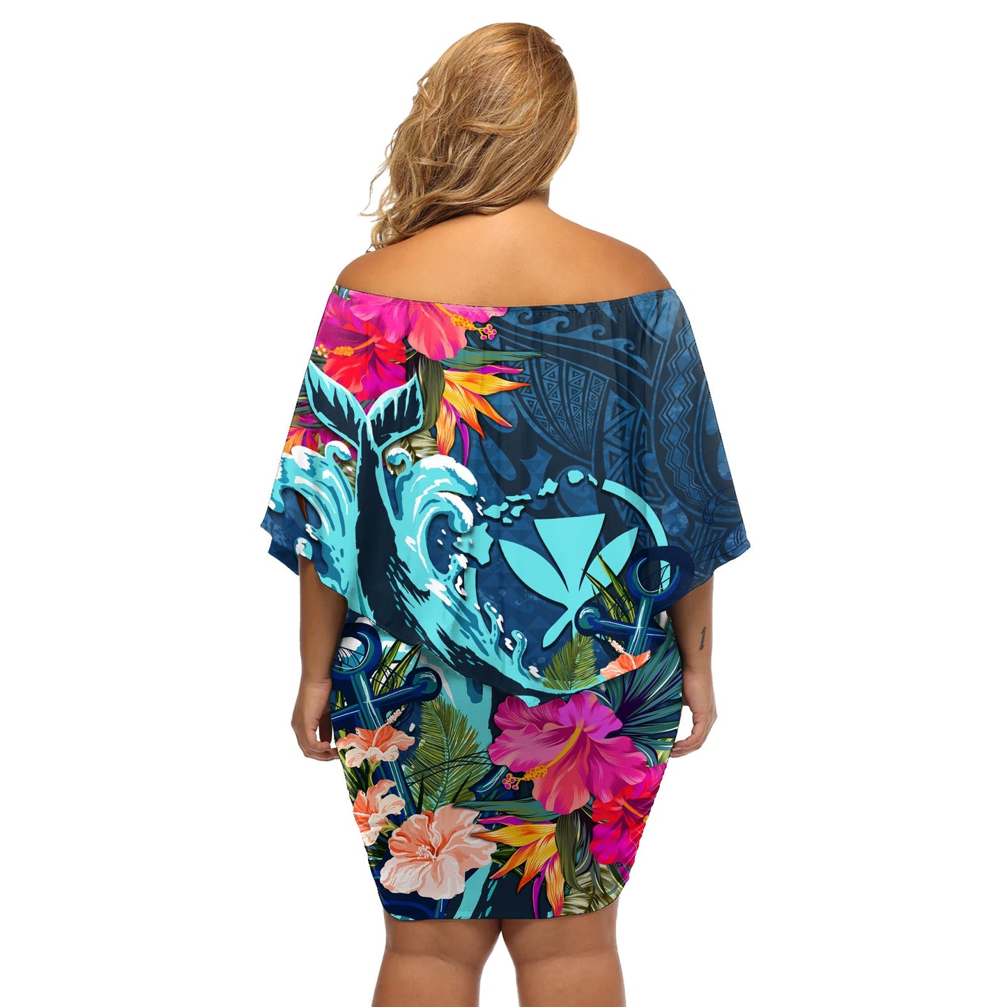 Hawaii schulterfreies kurzes Kleid blumen Wal Mix Hibiskus und Kanaka Maoli Blau Version LT03