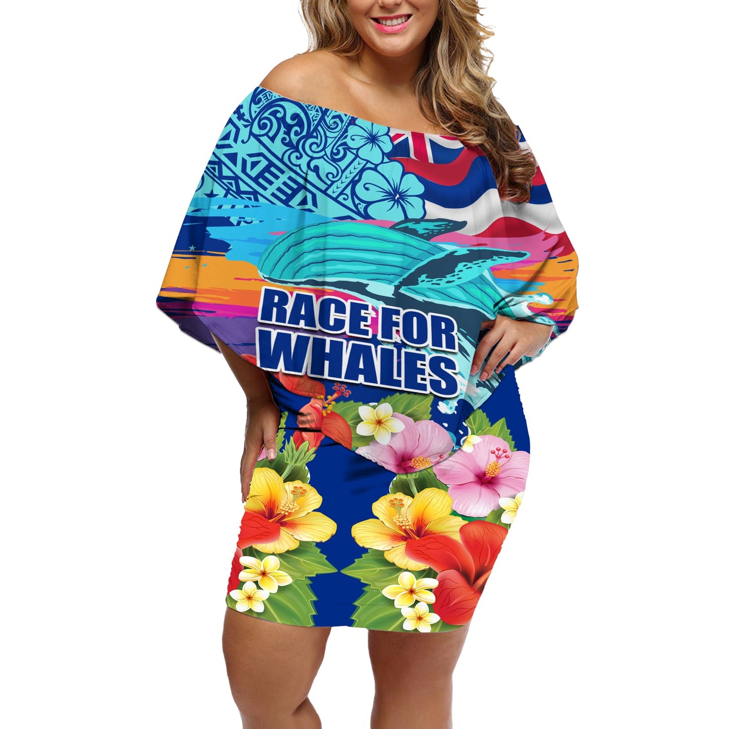 Hawaii Race For Whales Off Shoulder Short Dress Flag and Polynesian Hibiscus LT03 Women Blue - Polynesian Pride
