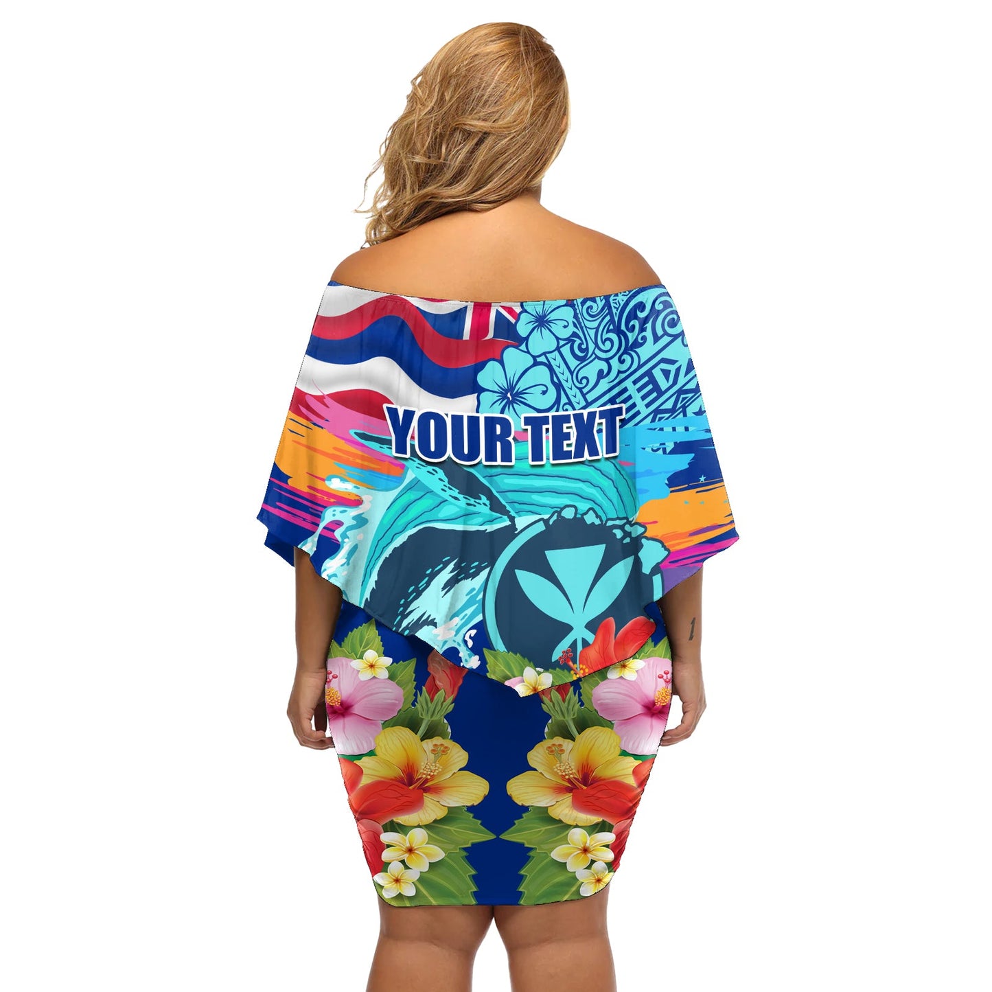 Hawaii Race For Whales Schulterfreies, kurzes Kleid blumen mit Flagge und polynesischem Hibiskus LT03