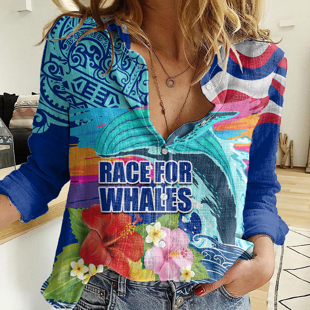 Hawaii Race For Whales Women Casual Shirt Flag and Polynesian Hibiscus LT03 Female Blue - Polynesian Pride