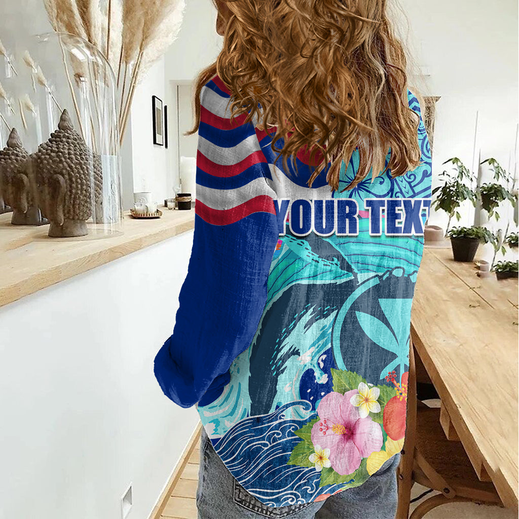 Hawaii Race For Whales Damen Freizeithemd Flagge und polynesischer Hibiskus LT03