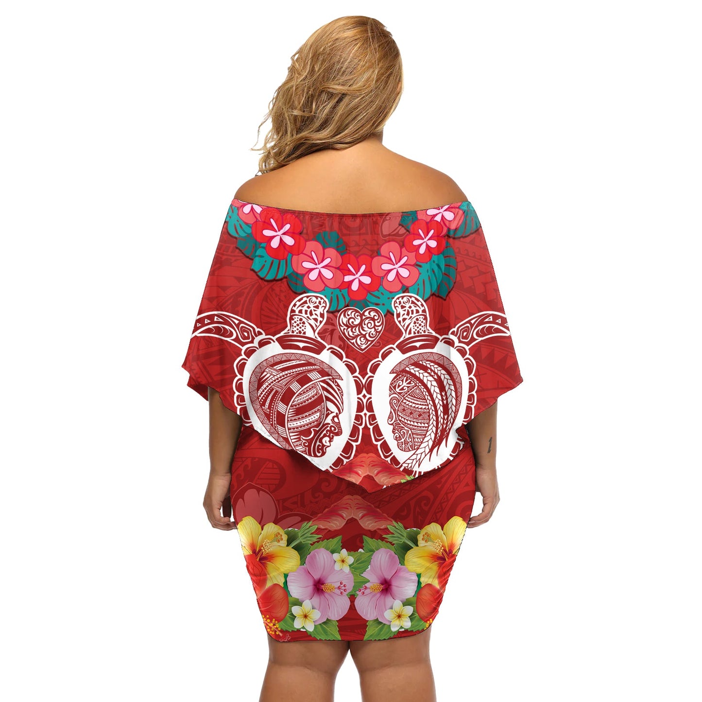 Polynesisches Valentinstags-Kleid blumen, schulterfrei, kurzes Kleid blumen, Liebespaar, Schildkröte, Maori, Hibiskus, rot, Stil LT03