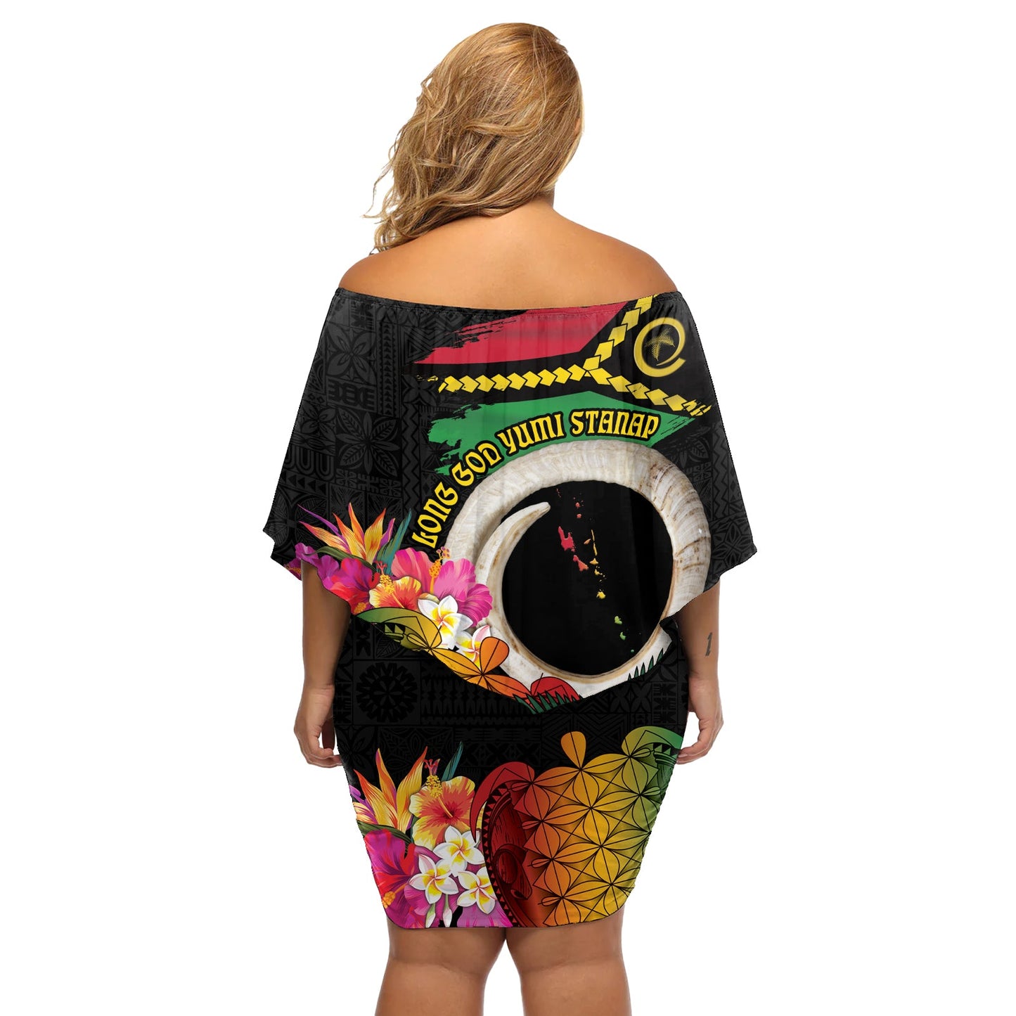 Vanuatu Selebretem 44. Indipendens Dei Off Shoulder Kurzes Kleider blumen Sand Zeichnung Schildkröte Melanesian Vibes LT03