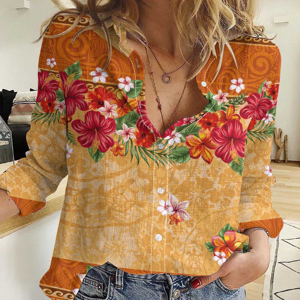 Hawaii Hibiscus Women Casual Shirt Turtles and Tribal Motifs Vintage Floral Style