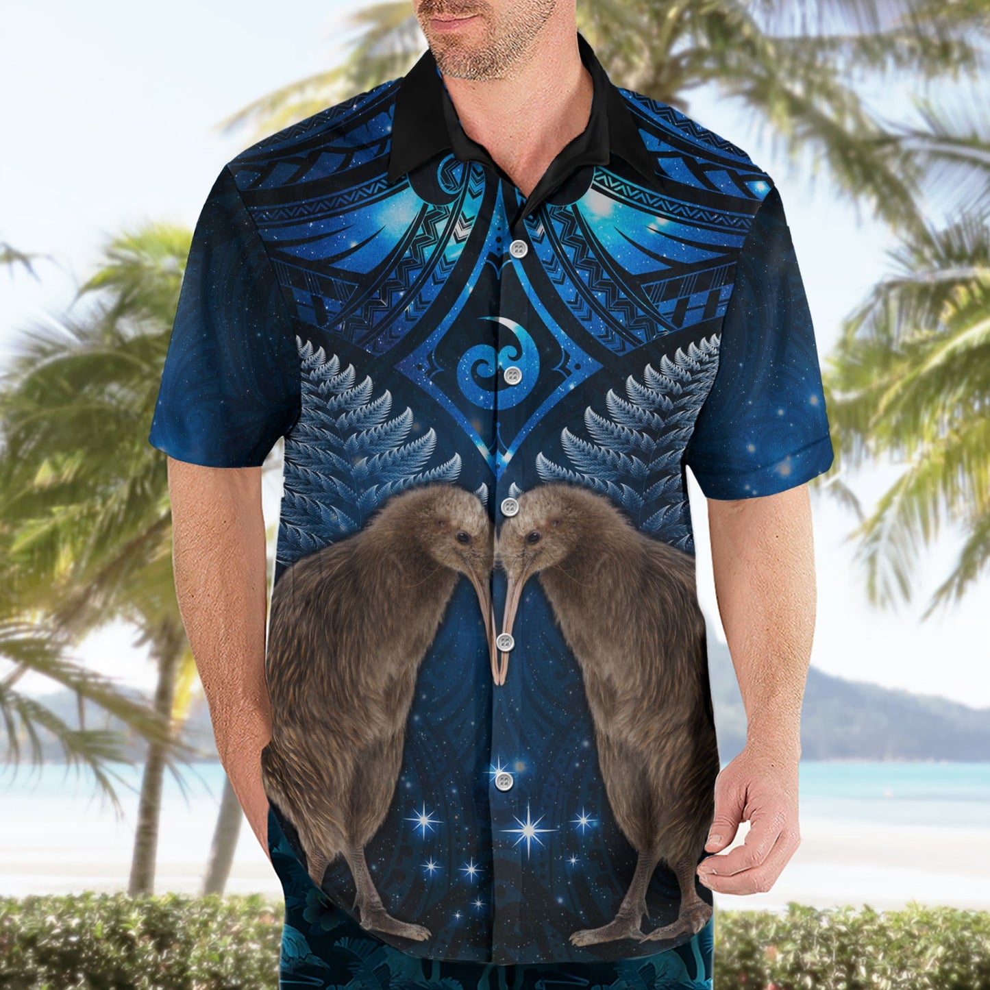 Neuseeländisches Maori Matariki Hawaiihemd Hongi Kiwi Vogel und Silberfarn LT03