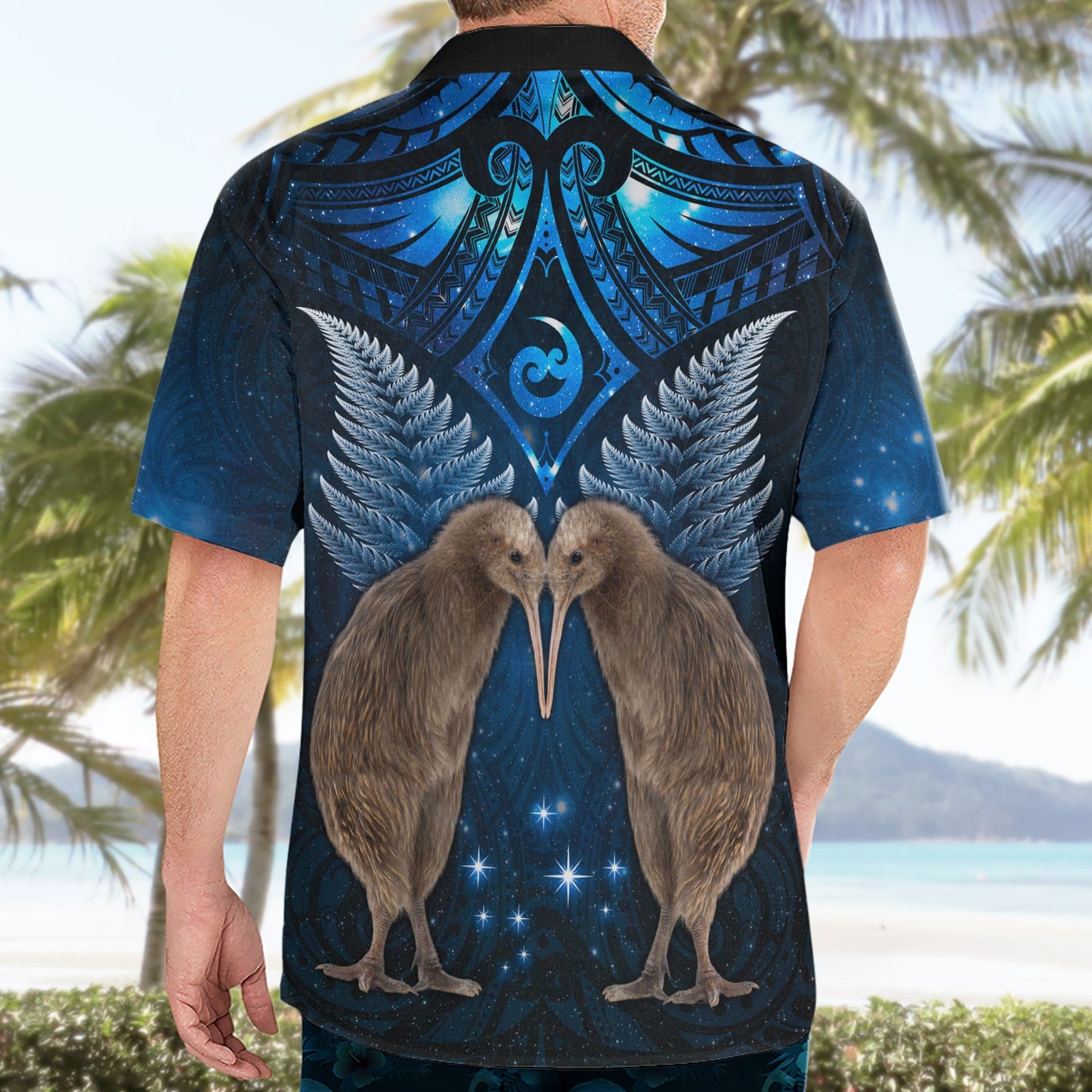 Neuseeländisches Maori Matariki Hawaiihemd Hongi Kiwi Vogel und Silberfarn LT03