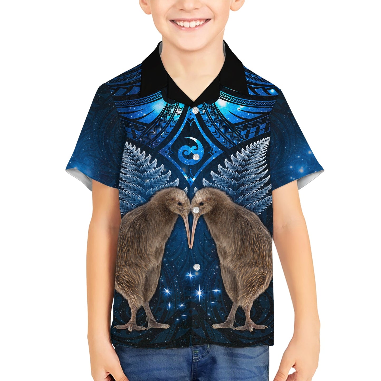 Neuseeländisches Maori Matariki Hawaiihemd Hongi Kiwi Vogel und Silberfarn LT03