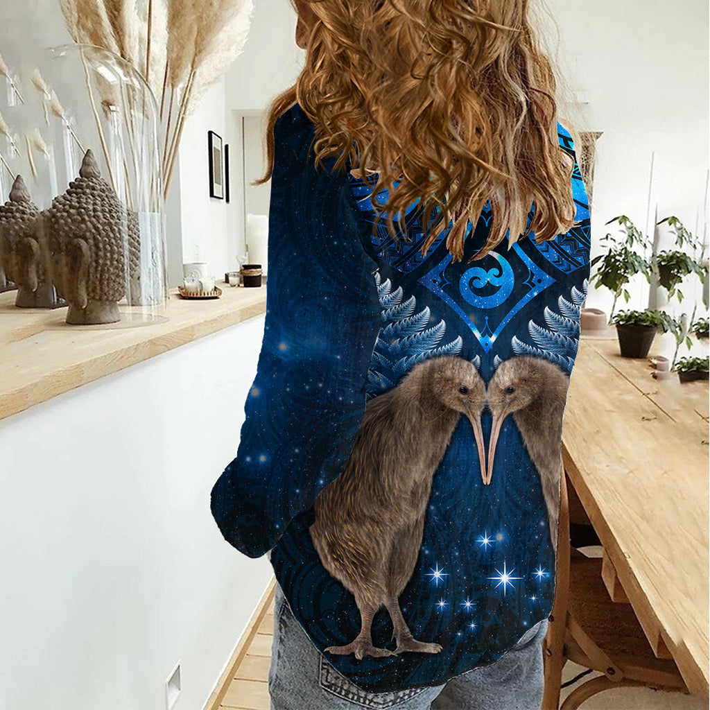 Neuseeland Maori Matariki Damen Freizeithemd Hongi Kiwi Vogel und Silberfarn LT03