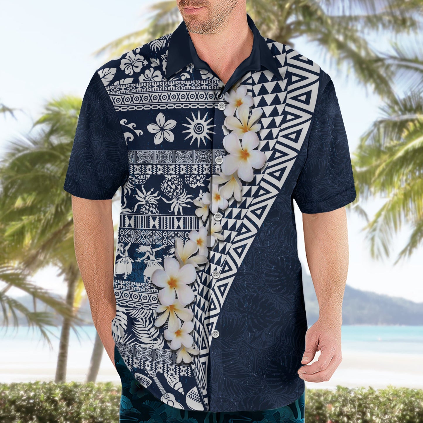 Hawaii Plumeria Tribal Vintage Hawaiihemd Spezial Blau LT03