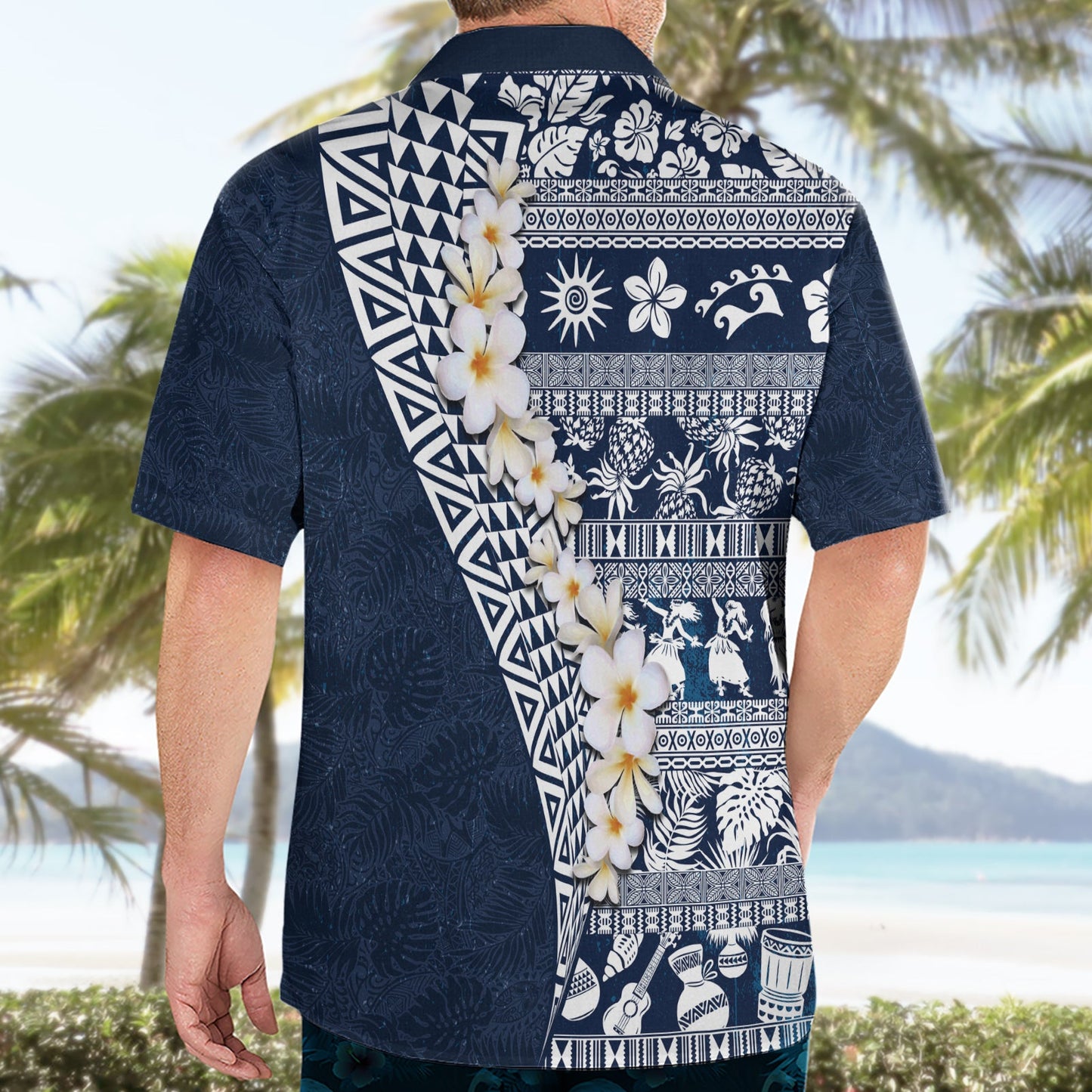 Hawaii Plumeria Tribal Vintage Hawaiihemd Spezial Blau LT03