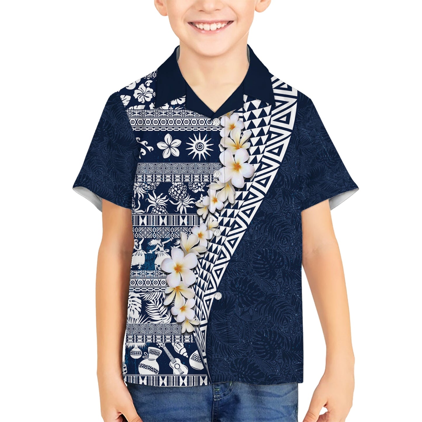 Hawaii Plumeria Tribal Vintage Hawaiihemd Spezial Blau LT03