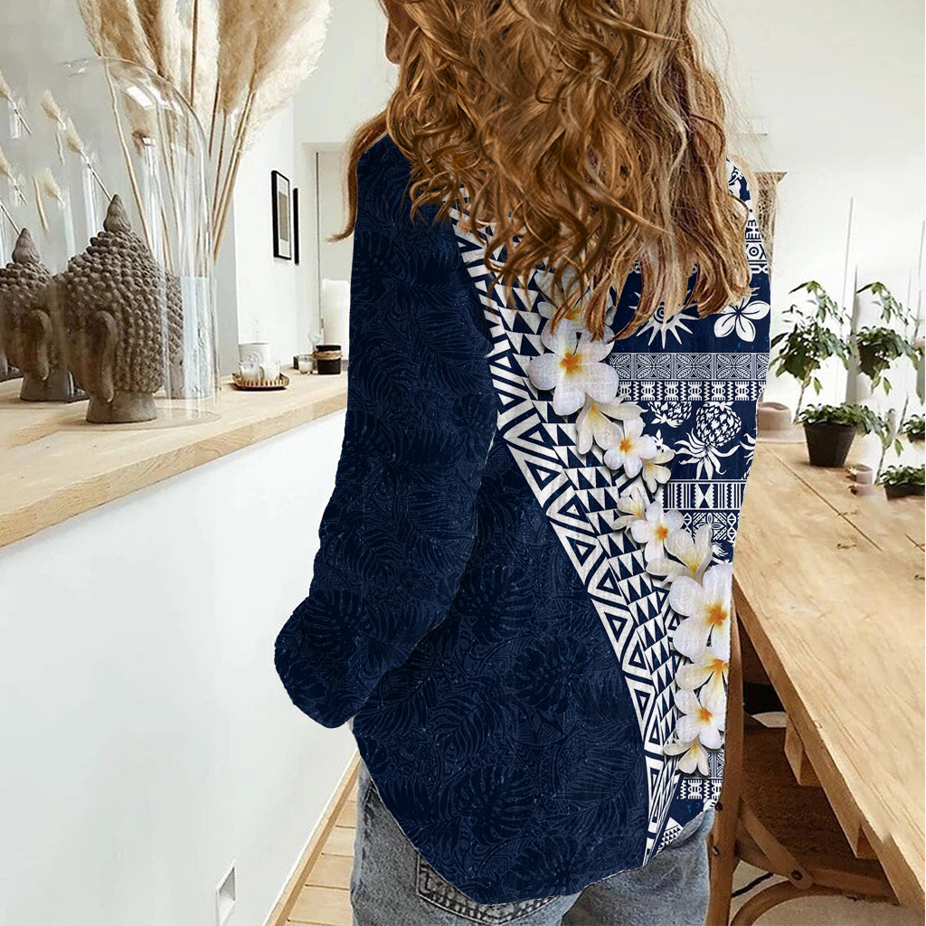 Hawaii Plumeria Tribal Vintage Damen Freizeithemd Spezial Blau LT03