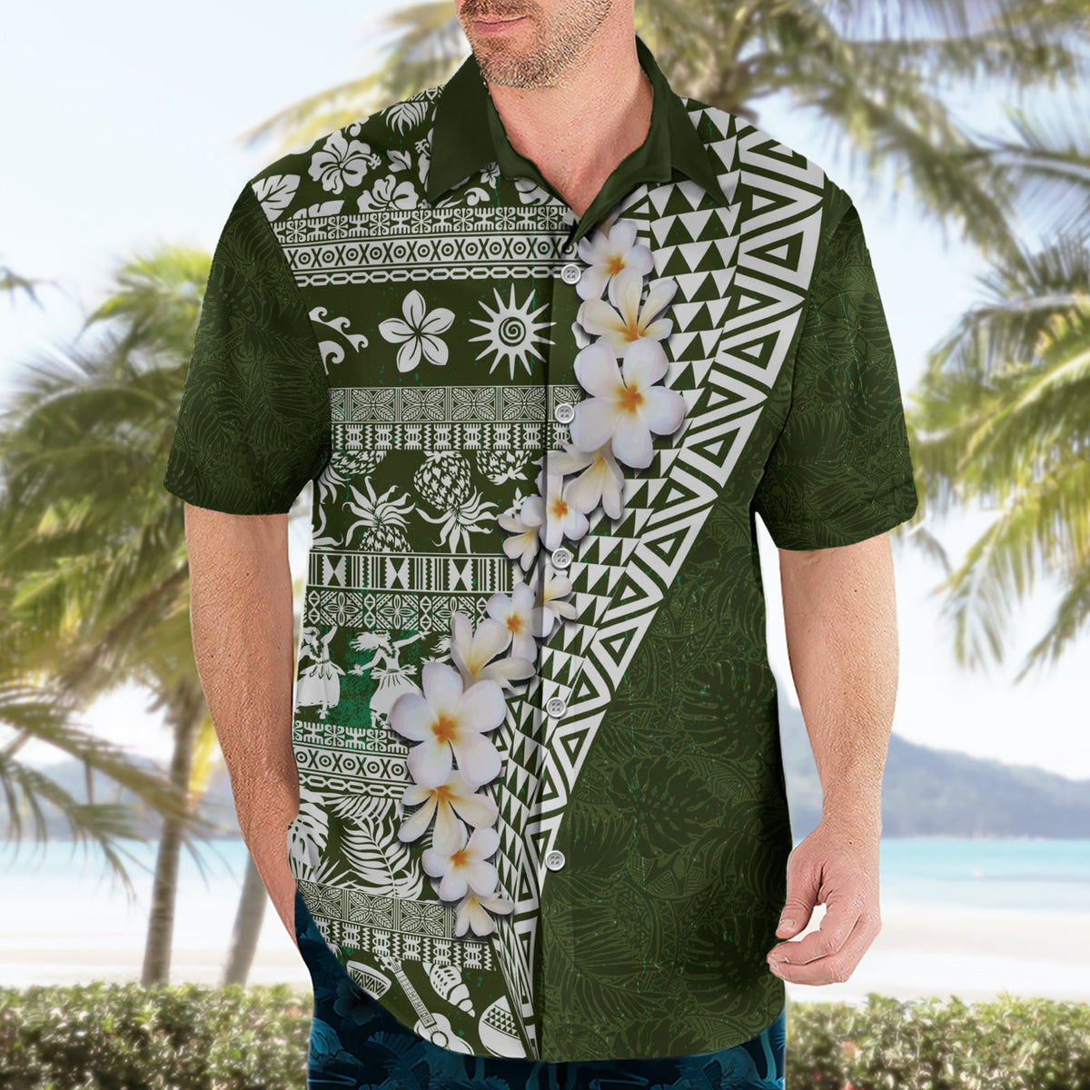 Hawaii Plumeria Tribal Vintage Hawaiihemd Spezial Grün LT03