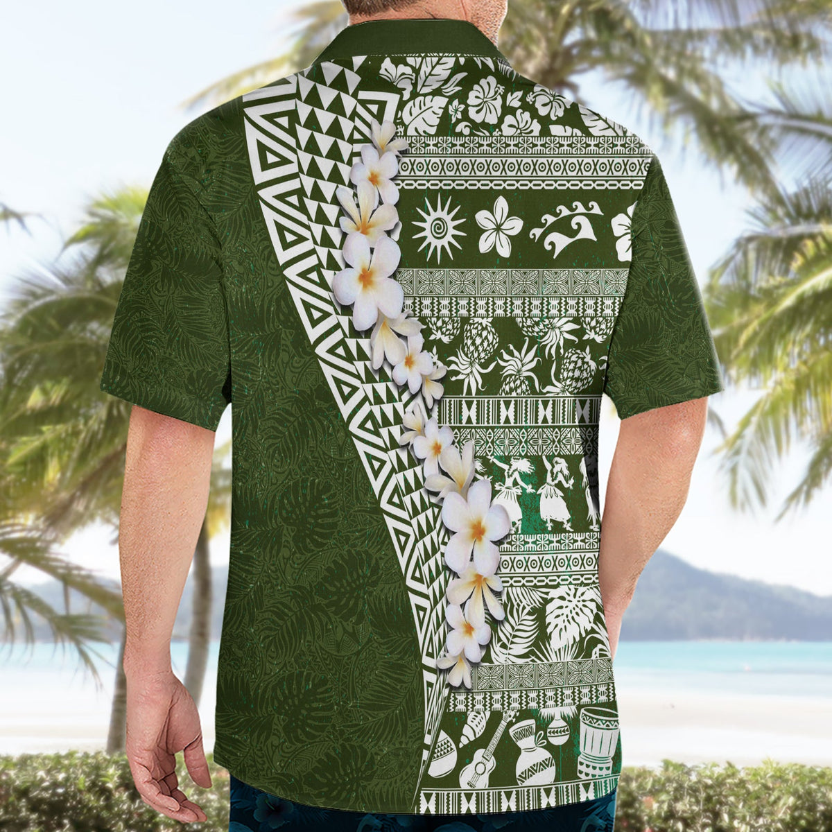 Hawaii Plumeria Tribal Vintage Hawaiihemd Spezial Grün LT03