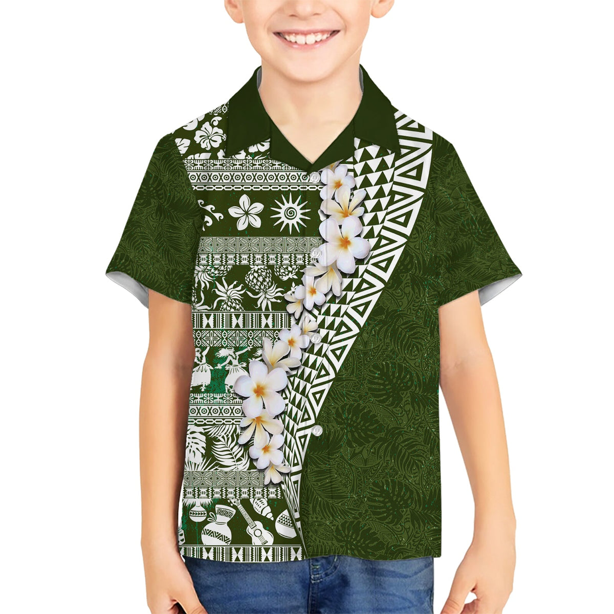 Hawaii Plumeria Tribal Vintage Hawaiihemd Spezial Grün LT03