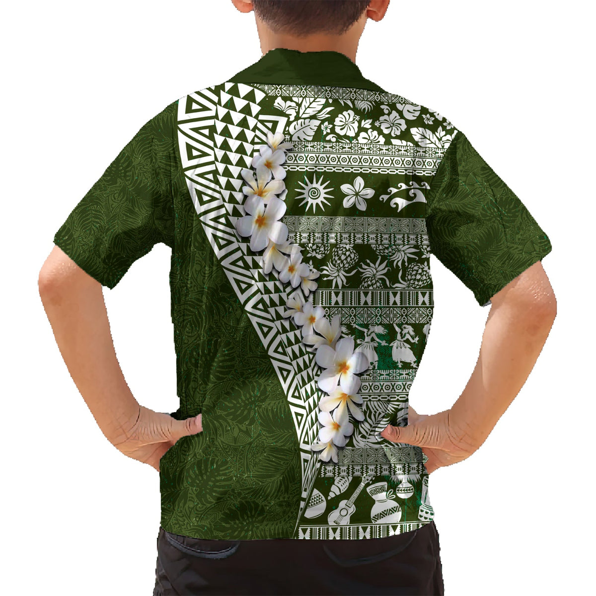 Hawaii Plumeria Tribal Vintage Hawaiihemd Spezial Grün LT03