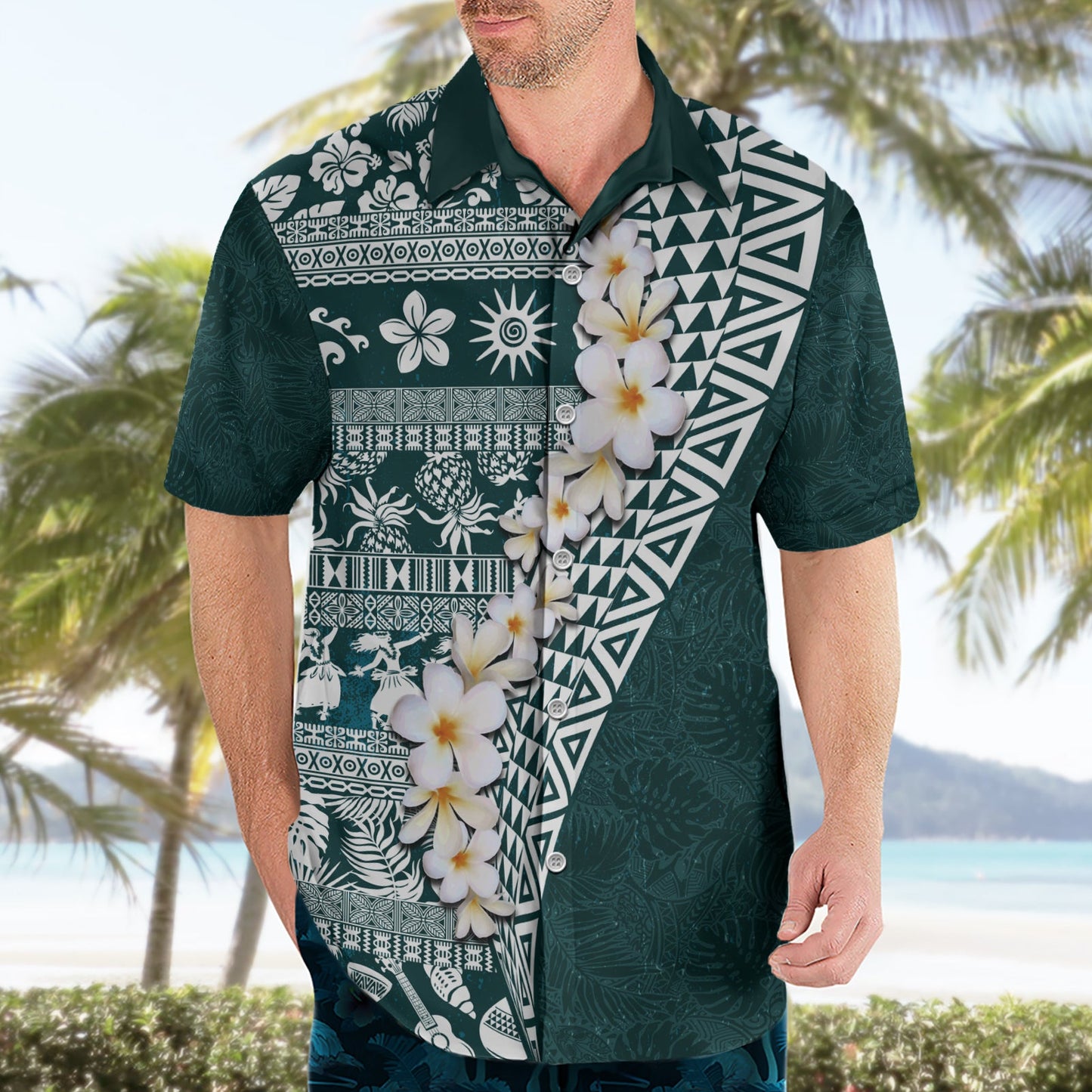 Hawaii Plumeria Tribal Vintage Hawaiihemd Spezial Türkis LT03