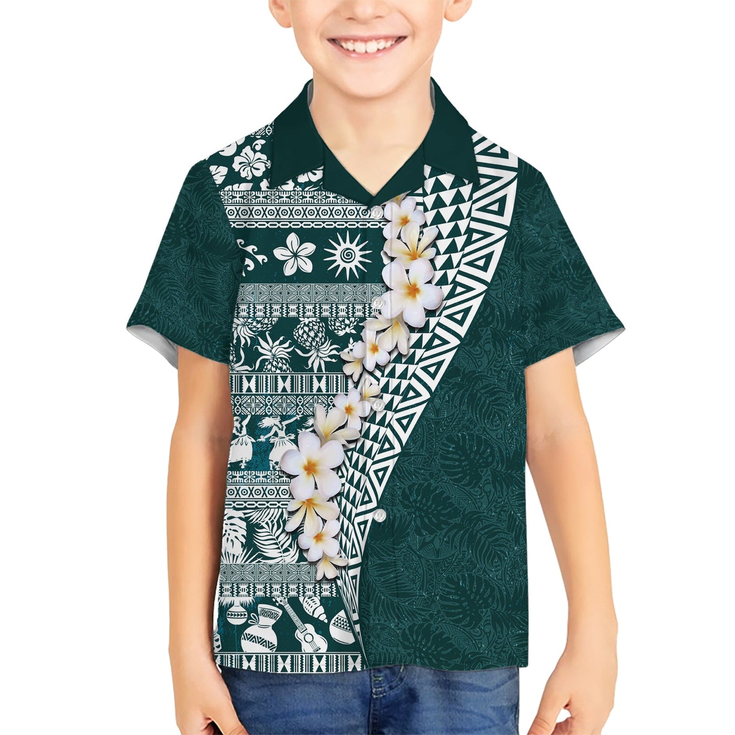 Hawaii Plumeria Tribal Vintage Hawaiihemd Spezial Türkis LT03