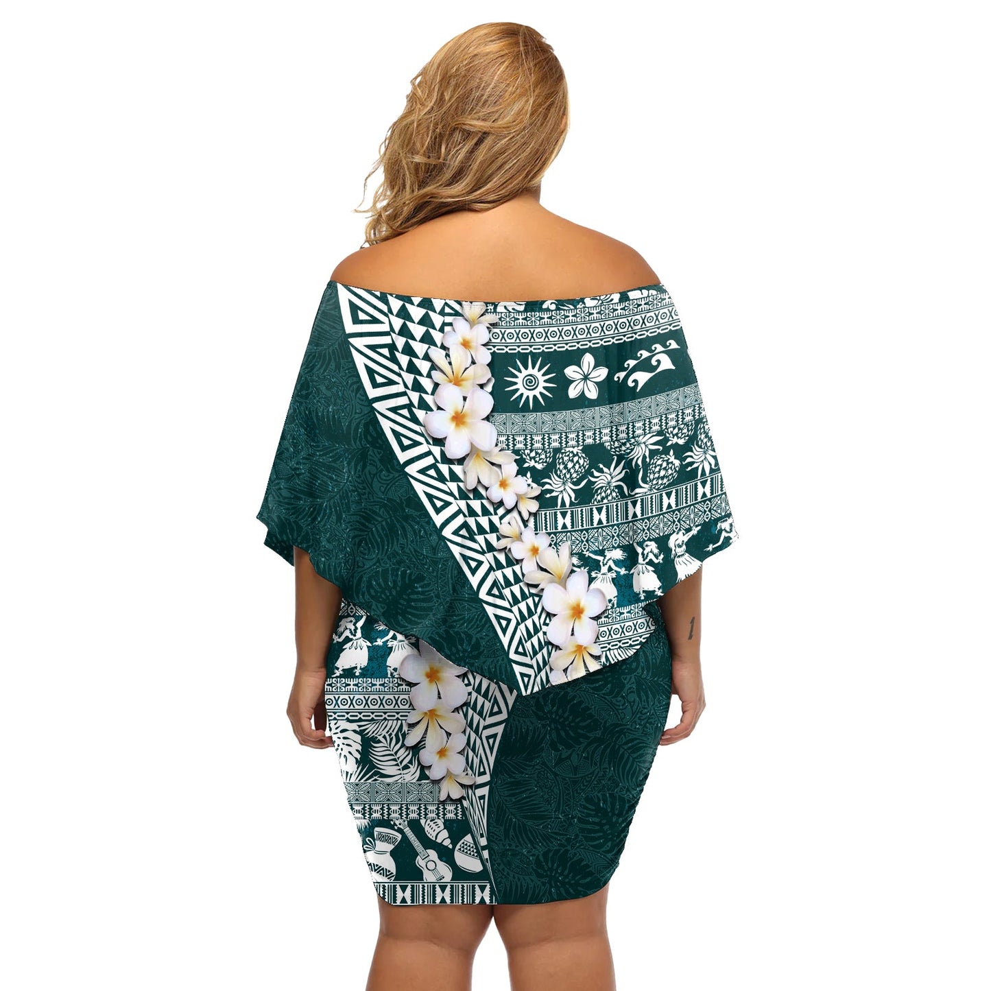 Hawaii Plumeria Tribal Vintage Off Shoulder Kurzes Kleid blumen Spezial Türkis LT03