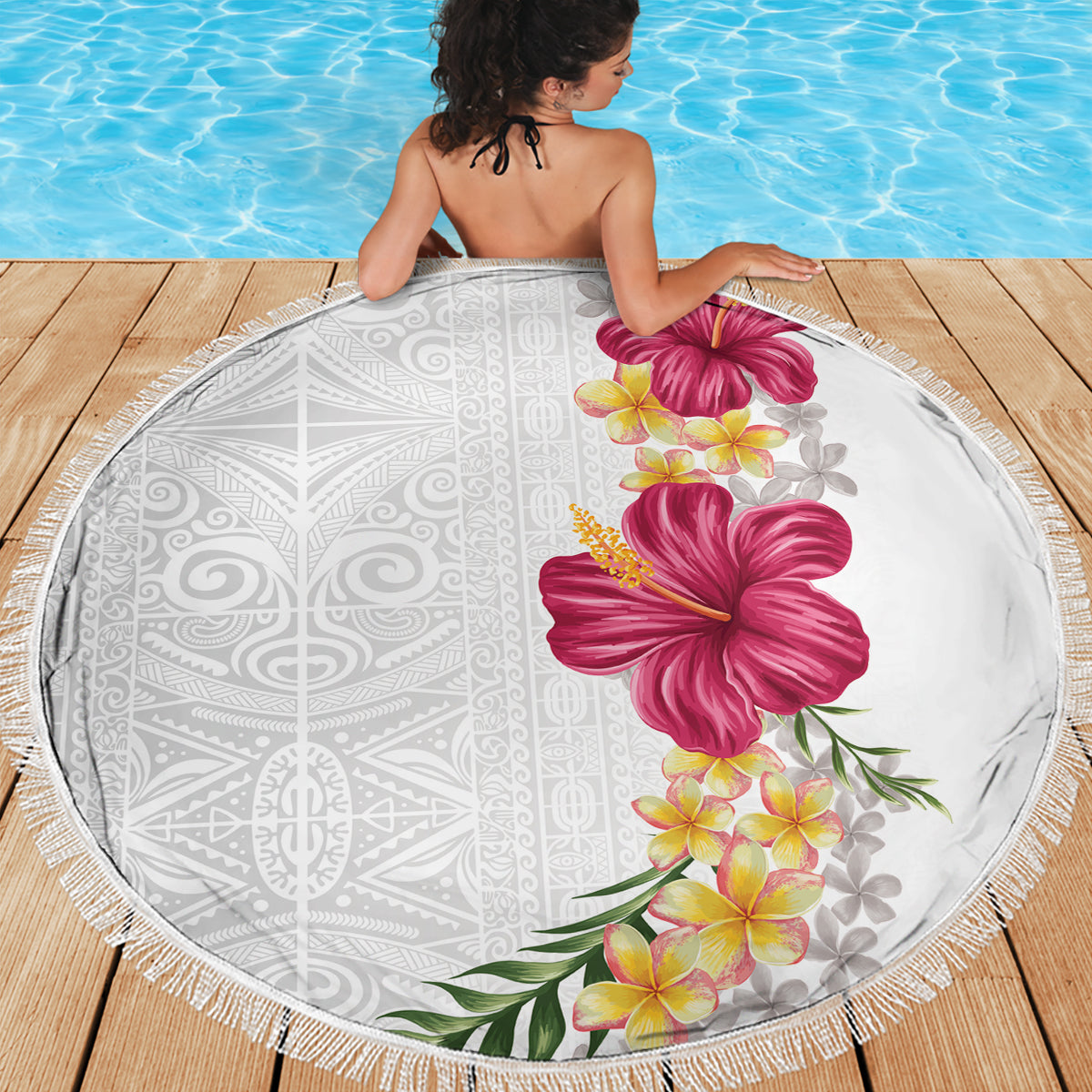Polynesisches Muster mit Plumeria-Blumen Stranddecke Blau LT05