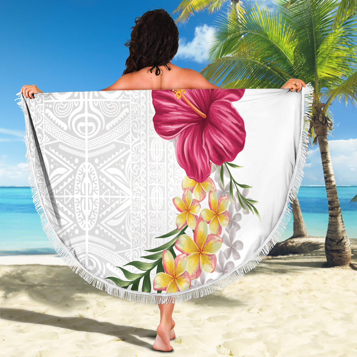 Polynesisches Muster mit Plumeria-Blumen Stranddecke Blau LT05