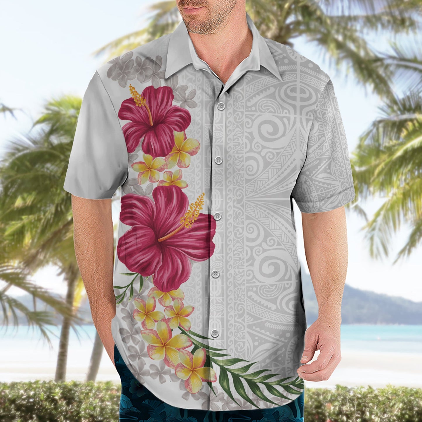 Hawaiihemd mit Plumeria und Hibiskus, Weiß, Mode LT03