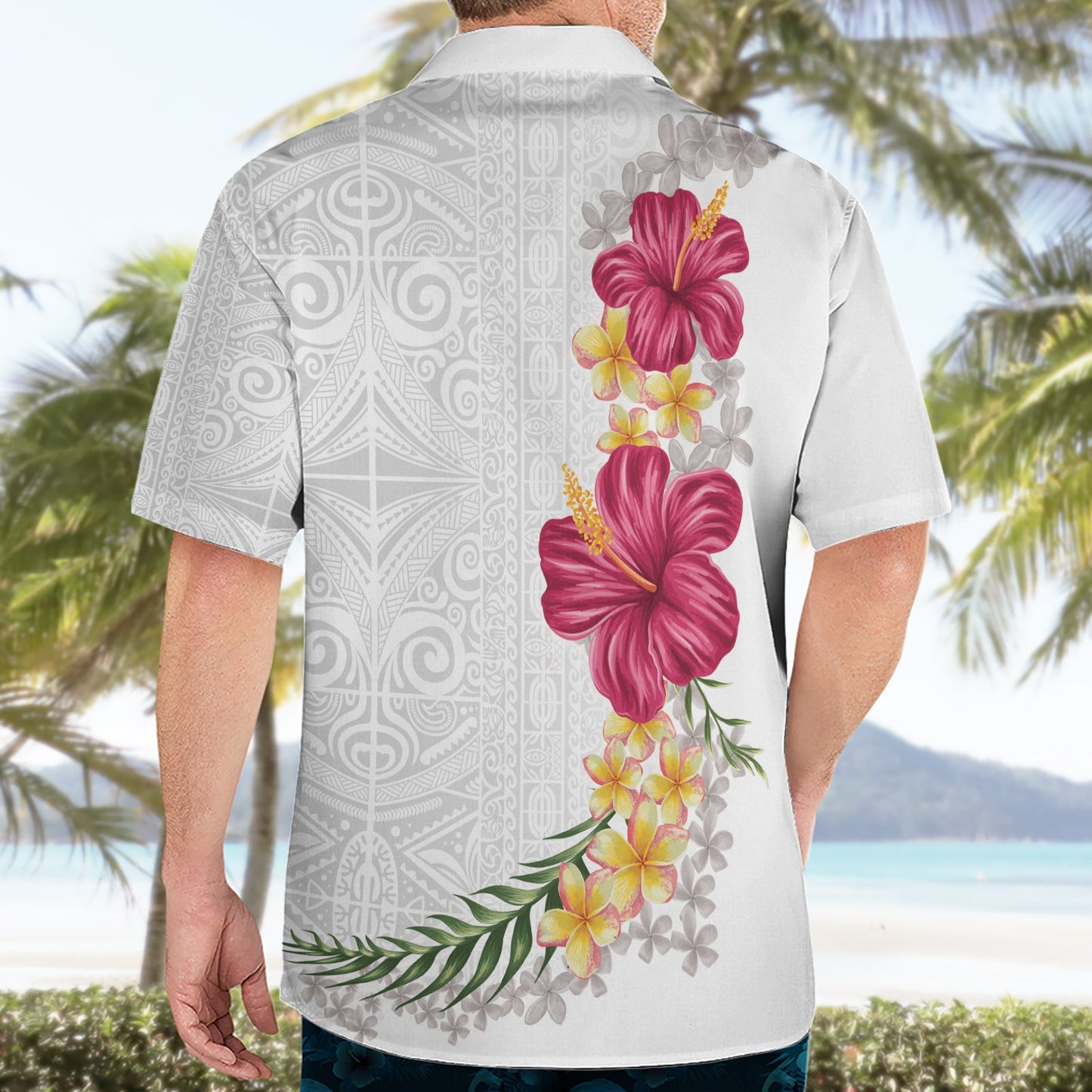 Hawaiihemd mit Plumeria und Hibiskus, Weiß, Mode LT03
